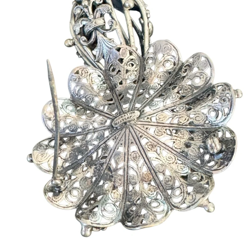 Joseff Hollywood Ornate Silver Metal Brooch with Blue Glass  Accents